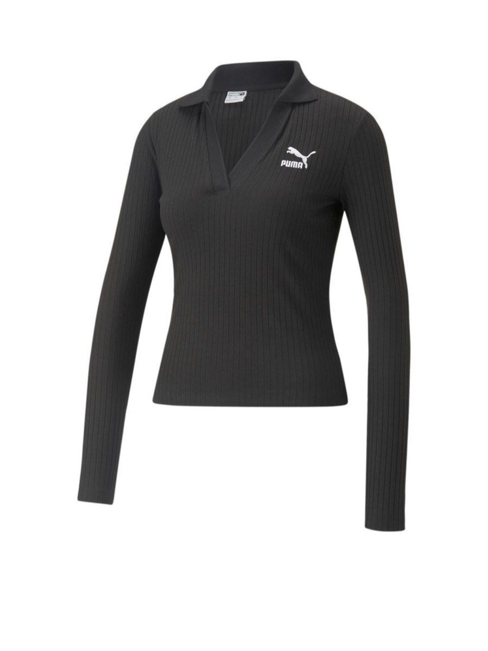 Puma Black Ribbed Long-Sleeve V-Neck Top with White Logo